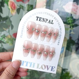 TENPAL Press on Nails Long Stiletto Gradient Pink Nails Press ons with Blush Sparkling Steel Beads Acrylic False Nalis with Butterfly Diamond Designs Ballet Artificial Nails For Women Girls(S)