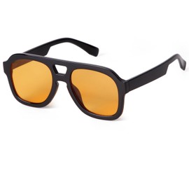 Laurinny Retro 70s Sunglasses for Women Men Square Flat Top Rectangle Double Bridge Sunglasses(Black/Orange)
