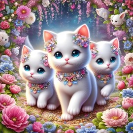 QINRUBB DIY White Cat Diamond Painting Adults, 5D Cute Kitten Diamond Painting Pictures Beginners, Flowers Round Full Drill Diamond Art Kits Cross Stitch Gifts Home Wall Decor 30 x 30 cm
