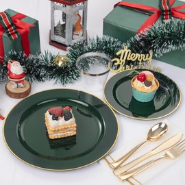 SUT 350PCS Green and Gold Plastic Plates for 50 Guests, Disposable Plates and Napkins Party Supplies, Gold Plastic Silverware, Plates, Cups and Napkins Sets，Party Plates and Cups and Napkins Sets