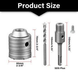 SALI Carbide Hole Saw Drill Bit 60mm with 110mm SDS Plus Adapter, Tungsten Carbide Teeth Cement Hole Saw for Concrete Cement Brick Wall Stone