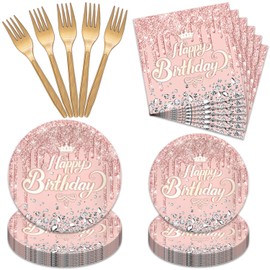 96 Pcs Rose Gold Birthday Party Plates and Napkins，Rose Gold Party Decorations Party Tableware Set Serves 24 Guests Girls Ladies Women Baby Shower Wedding Birthday Party Favors (Pink Carat)