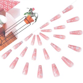 24PCS Nude Cloud Press on Nails,Long Coffin Fake Nails Nude Cloud Ballerina Nail Tips for DIY Nail Art Salon Women Girls