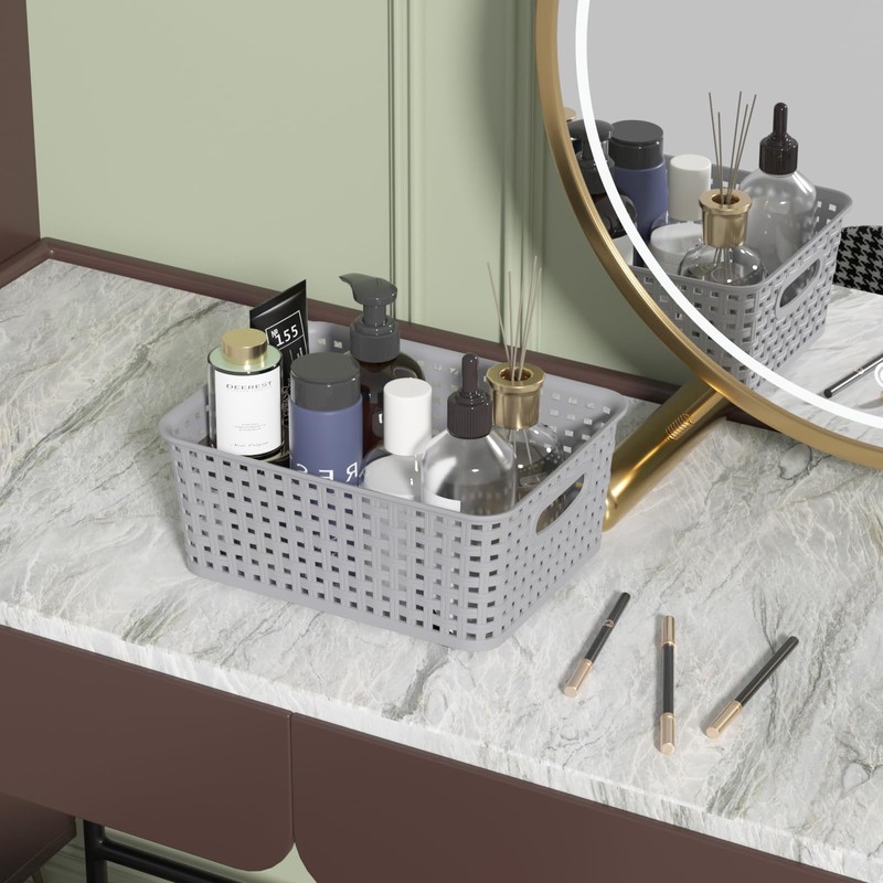 Knifefish 6-Pack Plastic Woven Baskets, Rectangular Rattan Basket for Organizer