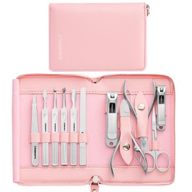 FAMILIFE Juego de manicura profesional, 11 cortaúñas para mujer, kit de regalo para ella, kit de pedicura, kit de cuidado de uñas de acero inoxidable, estuche de viaje de piel rosa, regalos para mujer