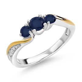 Anillo de compromiso de plata de ley 925 y oro amarillo de 10 quilates, zafiro azul y diamante blanco cultivado en laboratorio, 3 piedras para mujer (0.68 quilates, piedra natal de septiembre,