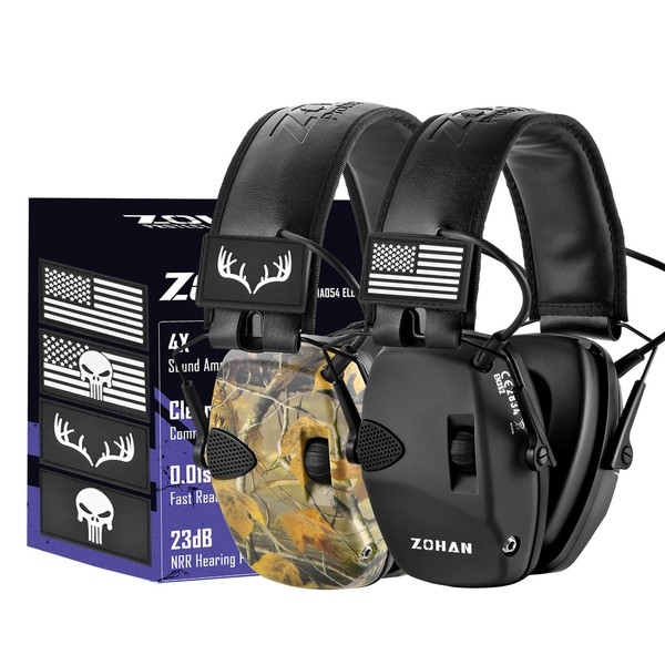ZOHAN Electronic Shooting Earmuffs with Patches, 2Pack Hearing Protection for