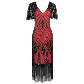 Women's 1920s Gatsby Inspired Sequin Beads Long Fringe, Black&red, Size Large