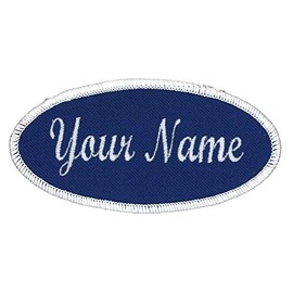 Oval Name Patch Uniform Work Shirt Custom Embroidery, Royal/White Border Script, Sew On