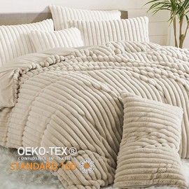 Sedefen Winter Bed Linen 135 x 200 cm Beige Fluffy Plush Faux Fur Flannel Flannelette Reversible Bed Linen Shaggy Striped Duvet Cover and 1 Pillowcase 80 x 80 cm with Zip