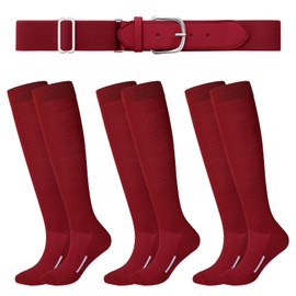 Haysandy Baseball or Softball Sock and Belt Combo Set 3 Football Baseball Socks with Softball Belt for Kids Youth Adult(Large,Brick Red)
