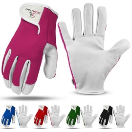 STONELIGHT Unisex Gardening Gloves Made with Leather & Spandex - Thorn Proof Rigger Safety Work Gloves with Reinforced Fingertips, Adjustable Wrist Closure, Waterproof & Breathable (Pink, L)