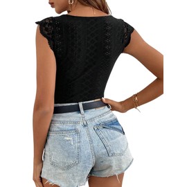 GORGLITTER Spitzenbody Damen Elegant Body Mit Spitze Blusenbody Trachtenbody Oberteil Mit V Ausschnitt Bodysuit Damenbody Schwarz L