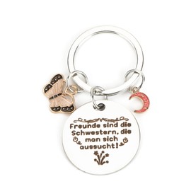 Key Ring for Women, Round with Friendship Saying, Charming Butterfly and Moon Pendants, Motivational Gifts for Friends, Birthday Gift and Small Gifts for Women, silver