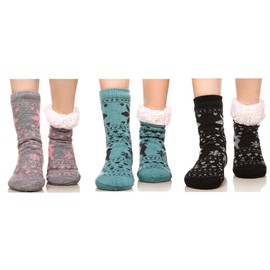 FRALOSHA Women's Slipper Socks Warm Fuzzy Fleece-lined Indoor Anti-Skid Floor Socks 3 Pairs Christmas Sock