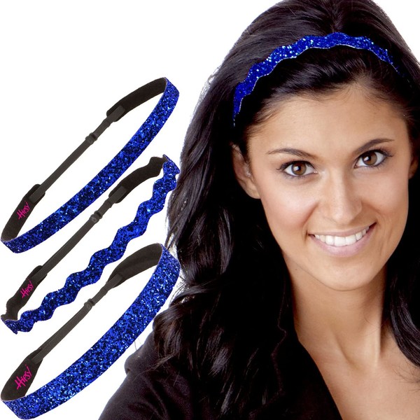 Hipsy Women's Adjustable Non Slip Skinny Wave & Wide Bling Glitter Headband Mixed 3-pack (Mixed Royal Blue)