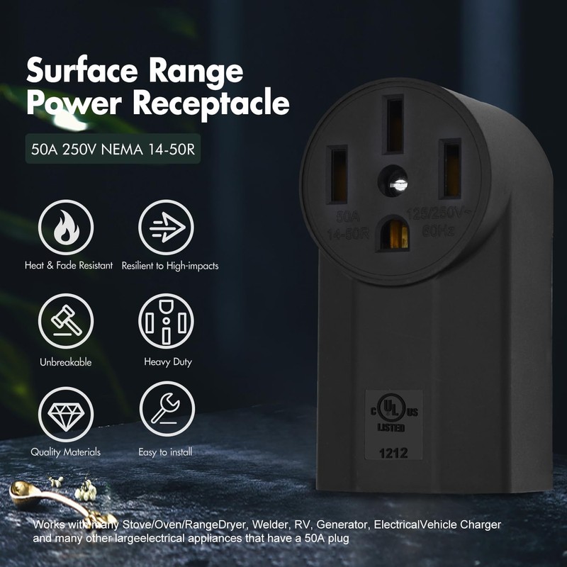 VAV NEMA 14-50R 50 Amp Heavy Duty Outlet, 3-Pole 4-Wire