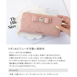 SecretDoor Women's Long Wallet, Cute, Ribbon, Bijou, Gold Zipper, Thin, Compact, Pink