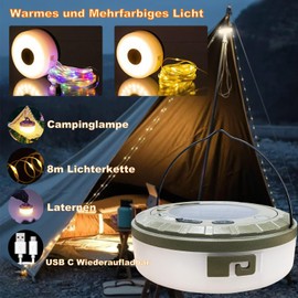 XVZ 32ft/10m Camping Fairy Lights Reel, IP65 Waterproof Solar & USB Charging Portable Camping Lantern with 5 Modes for Camping, Garden and Hiking - Warm Light & Multicoloure
