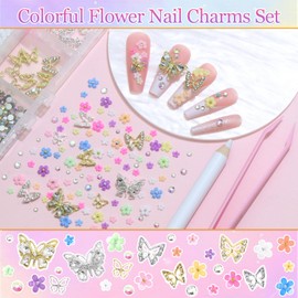 RODAKY Flower Nail Charms Colorful 3D Flowers for Nails Metal Butterfly Nail Art Charms with Rhinestones AB Clear Nail Gems Blossom Flower Nail Decoration Y2K Nail Jewelry for Women Manicure DIY