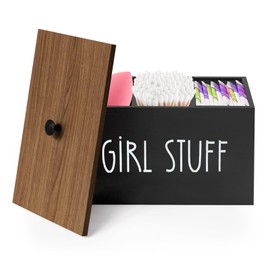 UgyDuky Tampon Holder for Bathroom Farmhouse Bathroom Organizer Rustic Wood Bathroom Storage Bin with Lid Wooden Feminine Product Organizer Box Shark Week Tampon Storage Box (Black)