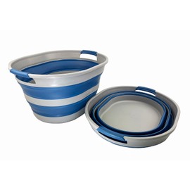 SAMMART 23L (6 Gallons) Collapsible Plastic Laundry Basket - Oval Tub - Foldable Storage Container/Organizer -Portable Washing Tub -Space Saving Laundry Hamper (Grey/Mist Blue (Set of 2))