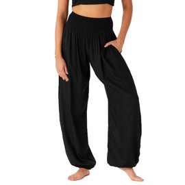 Lotus and Luna Women's Harem Pants - High Waisted Flowing Boho Genie Yoga Pants (Small Black)