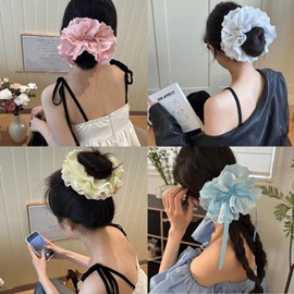 papasgix Large Scrunchies for Women Adjustable Big Glossy Scrunchie for Thick Hair Bow Jumbo Scrunchies Hair Ponytail Holders with Ribbon Girls Hair Accessories (9.84" White+Pink)