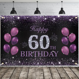 JOYKY Happy 60th Birthday Banner, Purple Happy 60th Birthday Party Decorations for Women Her, 60 Year Old Birthday Supplies Backdrop Décor, 5.9 X 3.8 Fts