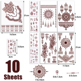 BETESSIN 10Blatt Temporäre Tattoo Braun Tattoo Aufkleber Indische Arabische Tattoos Wasserdicht Hände Arm Körper Gesicht Klebetattoos Aufkleber für Erwachsene Eid Hochzeit Fasching Cosplay