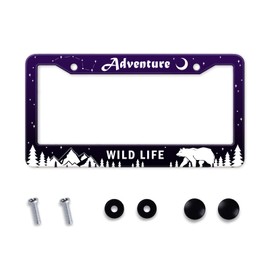 Adventure Awaist License Plate Frame, Mountains Forest Bear Tag Plate Frame Holder Cover, Metal Aluminum Rustproof Car Accessories with Screw Caps, Great Gift for Hiking Outdoor Sports Enthusiasts