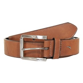 Nautica Men's Casual and Dress Leather Belt with Metal Buckle, Embossed Logo - Tan, 36 Inch