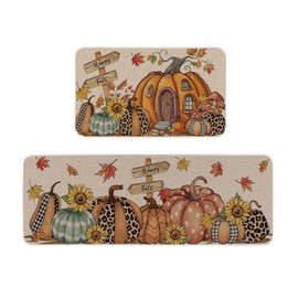 Moutina Happy Fall Pumpkin Kitchen Rugs Set of 2, Seasonal Autumn Thanksgiving Holiday Home Decor Low-Profile Kitchen Mats for Floor - 17x29 and 17x47 Inch