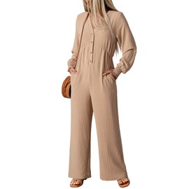 Dokotoo Jumpsuits for Women Casual 2024 V-Neck Button Up Lantern Sleeve High Waist Wide Leg Rompers Loose Baggy Jumpsuits with Pockets Beige Medium
