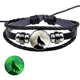 RICHARD-911 Pulsera Brazalete Lobo Luna Brilla En La Oscuridad Fosforescente Joyería Regalo Pareja Hombre Mujer Cuero Trenzado Esclava, Mex