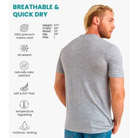 Merino Wool T-Shirt Mens - Merino Wool Undershirt Thermal Shirt for Men and Hiking Socks (Medium, Melange Grey)