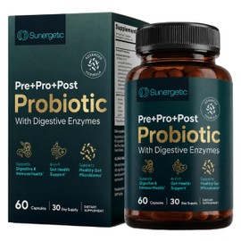 Sunergetic Probiótico, prebiótico, posbiótico y enzimas digestivas 4 en 1 premium para hombres y mujeres apoya el intestino, la digestión y la...     