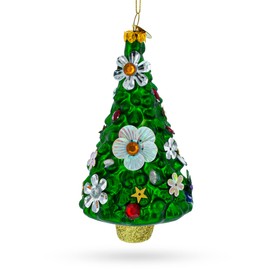 Blossom-Adorned Christmas Tree Glass Ornament