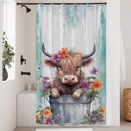 Laifzere Cute Highland Cow Stall Small Farmhouse Teal Wooden Shower Curtain for Bathroom Set Funny Cattle Rustic Animal Narrow 39x72 Inch with Hooks