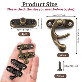 Misuyue Vintage Bronze Lock Clasp Left Latch Hook Hasp 45mm x 40mm Swing Arm Latch Plated for DIY Suitcase Toolbox Wooden Case, 4pcs