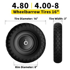 RONPOW 4.80/4.00-8 Flat Free Wheelbarrow Tire and Wheel, 16" Solid Puncture Proof Replacement Tires with 5/8" & 3/4" Bearings, 400Lbs Load, Universal Fit for Garden, Farm & Construction, 1Pack Black