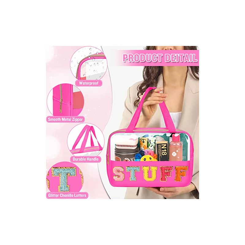 Bolsa de maquillaje transparente con letras de chenilla, bolsa de