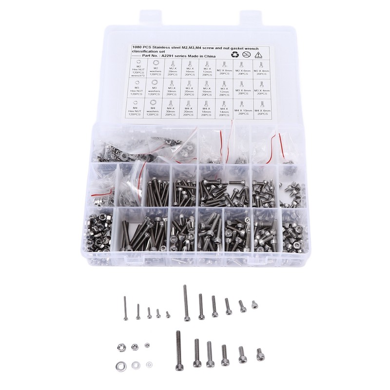 1080Pcs/Set M2 M3 M4 Screw Nut Gasket Kit Stainless Steel