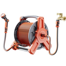 Garden Hose Reel with 1/2" x 100FT Hose, Wall/Floor Mounted Water Hose Holder with 2-IN-1 Multi-Function Spray Nozzle, Portable Outdoor Tools for Car Washing, Watering
