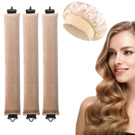 3 Stück Hitzefreie Locken über Nacht und 1 Stück Silk Bonnet, Neu Rutschfest Heatless Curls, für das Haarwickeln und Schlafen in der Nacht, DIY Overnight Curls (Mütze, Khaki, Seidenhaube, Beige)