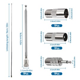 75 Ohm DAB FM Radio Aerial for HiFi - 7-Section Telescopic Radio Antenna with F-Type Plug & 3 Adapters for Tuner Stereo Table Top TV AV Receiver Mini System