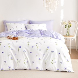 Wake In Cloud - Floral Comforter Set, Cottagecore Cute Aesthetic Watercolor Tiny Flowers and Leaves, Soft Lightweight Bedding for Women Teen Girls, 3 Pieces, Purple, Queen Size
