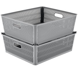 Simplify 2Pk Shallow Slide 2 Stack It Tote Basket | Storage & Organization | Open Bins with Stackable Capability | Bathroom | Crafts | Pantry | Playroom | Office | Gray