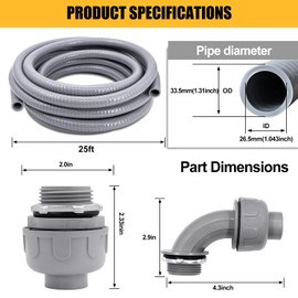 Wocloer Liquid-Tight Conduit 1inch 25 Foot, Flexible Non Metallic Liquid Tight Electrical Conduit and Connector Kit, with 5 Straight and 3 90-Degree Connector Fittings, 1" Dia