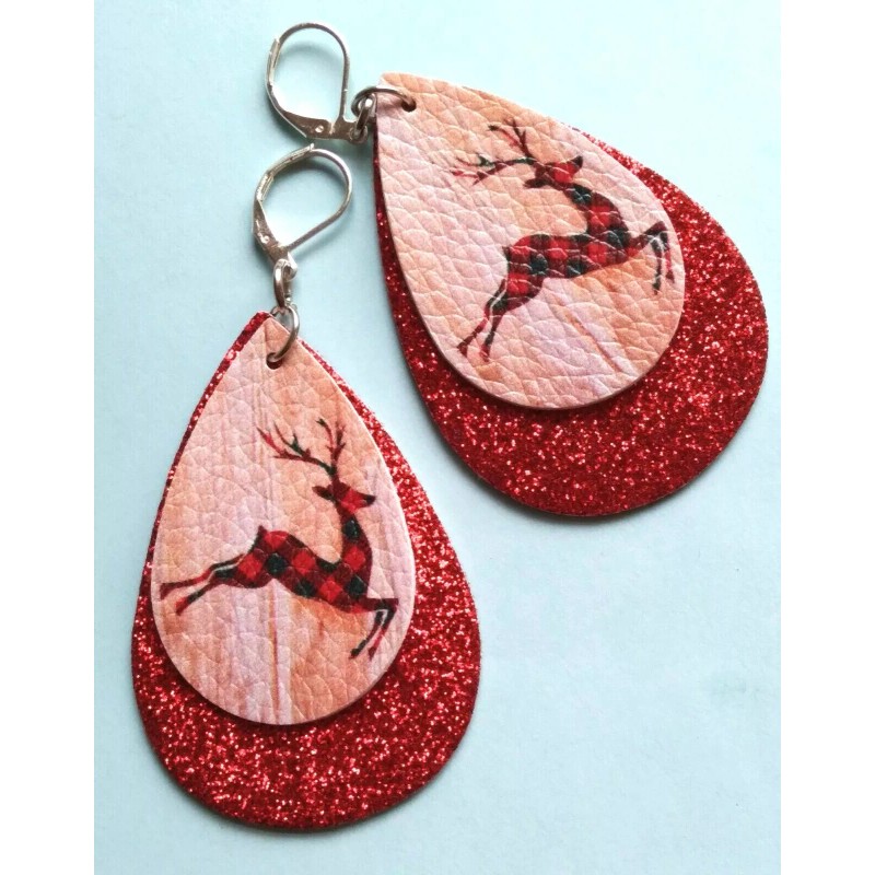 handcrafted CHRISTMAS DEER glitter red PU Leather dangle earring SP